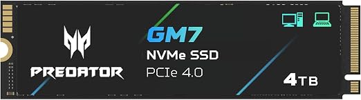 Acer Predator GM7 4TB SSD: M.2 2280 PCIe Gen 4 x4 NVMe 2.0, Read Speed Up to 7400 MB/s, Internal PC Solid State Drive for Laptop, Desktop and PS5 - BL.9BWWR.120