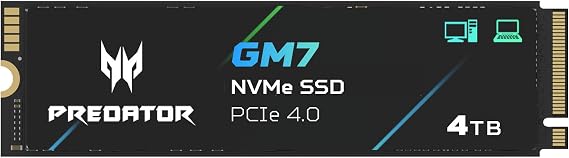 Acer Predator GM7 4TB SSD: M.2 2280 PCIe Gen 4 x4 NVMe 2.0, Read Speed Up to 7400 MB/s, Internal PC Solid State Drive for Laptop, Desktop and PS5 - BL.9BWWR.120