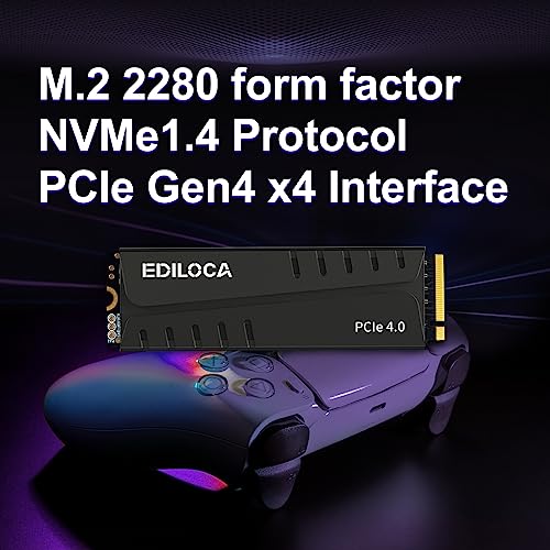 Ediloca 1TB PCIe Gen4 NVMe M.2 Gaming SSD with Heatsink for PS5, 7400MB/s Read, 1GB DRAM Cache, 3D TLC Internal Solid State Drive Compatible with PS5 & PC (EN855)