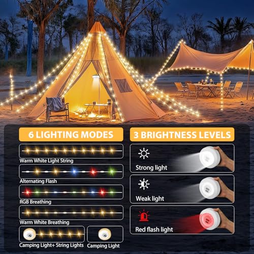 Camping String Lights, 4 in 1 Quick Storage 32.8FT 9 Modes Portable