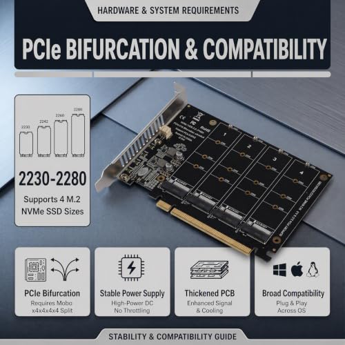 M.2 PCIe Adapter, 4 Port M.2 NVMe SSD to PCIE X16 M Key Hard Drive Converter Reader Expansion Card
