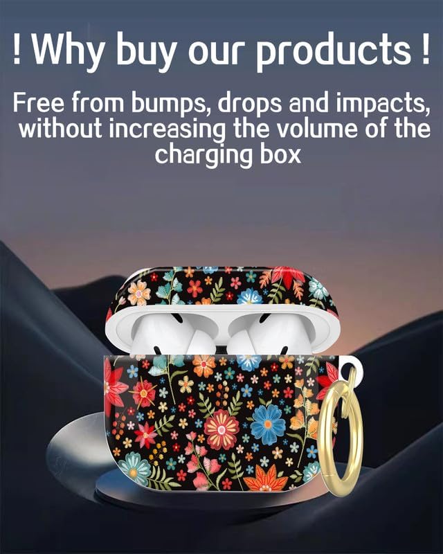Compatible with AirPod Pro 2nd/1st Generation Case Cover with Key Chain,Full Protective Shockproof Wireless Headphone Case for Airpod Pro 2023/2022/2019(Embroidered Leaves and Flowers)