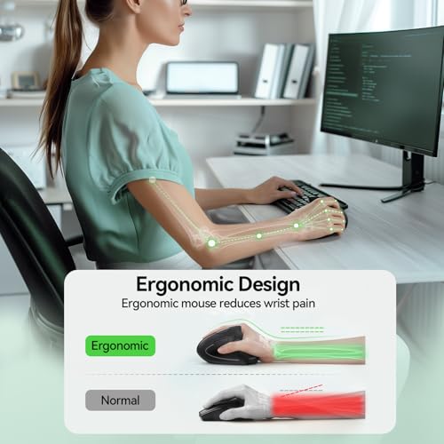 TECKNET Wireless Ergonomic Mouse, Vertical Computer Mouse for Wrist Comfort, Rechargeable Optical Mouse with Adjustable DPI（4800）, Silent Click, 6 Buttons, USB Receiver for Laptop, Desktop, PC, Mac
