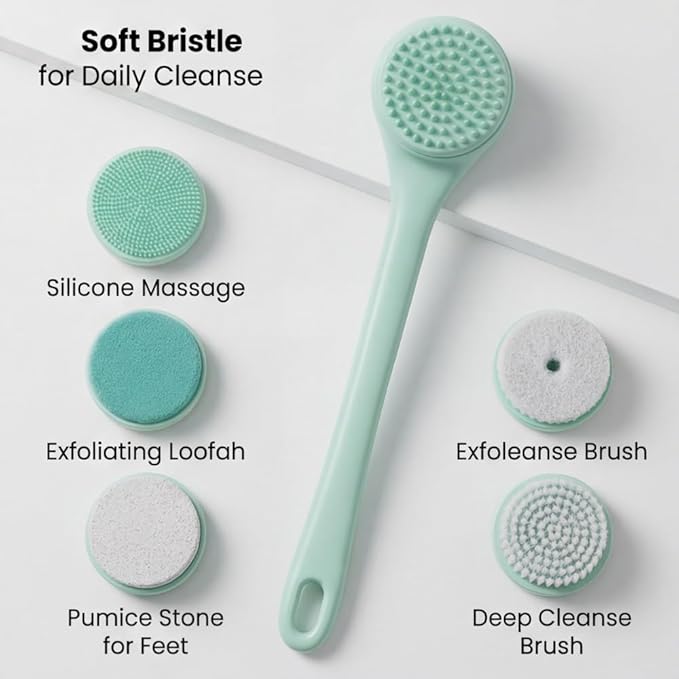 ME JO Electric Body Brush Back Scrubber for Shower | Massaging Spin Brush | 5 Replacement Heads | Waterproof | Rechargeable |Shower Back Scrubber for Men Women | Exfoliating Bath Brush(Green)