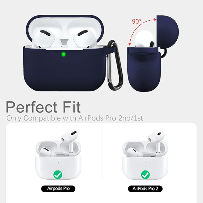 Lerobo Compatible with AirPods Pro 2 Case Cover, Full Protective Shockproof Washable Silicone Skin Cover Case for Airpods pro Supports Wireless Charging with Carabiner Front LED Visible,Navy Blue