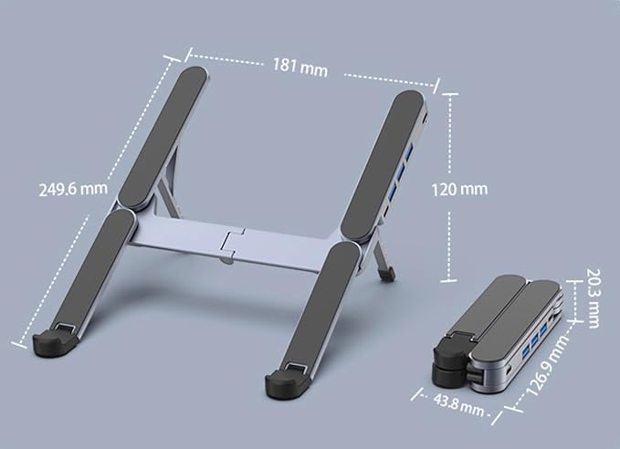 YUATAUY Ultra Compact Laptop Stand with 4-Port USB Hub for Desk, Tablet, Foldable Portable for Travel, Library, Home, Office, Cafe, 6-Level Ergonomic Adjustable Aluminum Holder for 10-16" Laptops