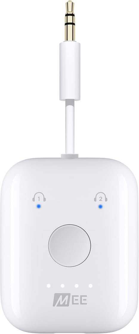 MEE audio Connect Air in-Flight Bluetooth Wireless Audio Transmitter Adapter for up to 2 AirPods / Other Headphones; Works with All 3.5mm Aux Jacks on Airplanes, Gym Equipment, TVs, & Gaming Consoles