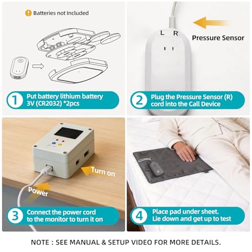 TOOCUST Bed Alert System for Seniors,40 Inch Extra Long Smart Bed Exit Monitor Mat with Dual Care Call Button Motion Reminder Pager for Household Bedroom and Residential Living