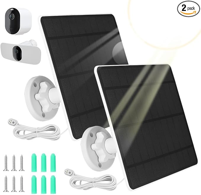 Solar Panel Charger Compatible with Arlo Pro 3/Pro 4/Pro 5S/Pro 3 Floodlight/Ultra/Ultra2, 5W 5V Solar Panel Continuous Power Supply, 9.8ft Cable, IP65 Waterproof, 360° Adjustable Bracket, 2 Pack