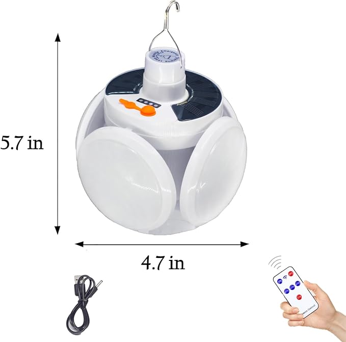[4000mah] Folding Solar Camping Lights USB Rechargeable Lantern Waterproof Hanging Canopy Tent Lamp Remote Control Blub Portable for Home Indoor Outdoor Emergency Power Outage Vendors Booths 1 Pack