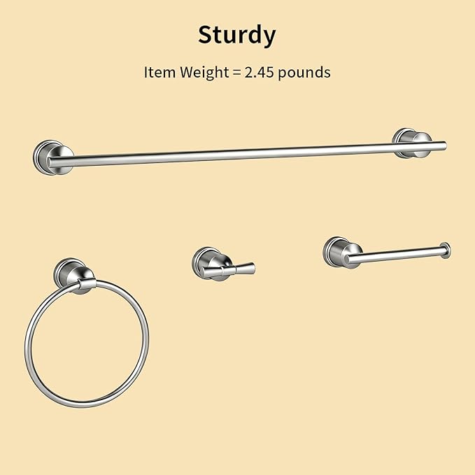 YUMORE Brushed Stainless Steel Bathroom Hardware Set, 4-Pieces Wall Mounted Bath Accessories Kit with Towel Bar, Towel Ring, Toilet Paper Holder & Robe Hooks, Modern Durable Design