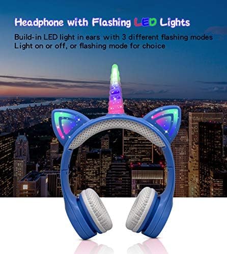 Unicorn Kids Bluetooth Headphones,15 Hours Play time, Toddler Bluetooth Headphones for Girls Boys Laptop Phones,Led Light Up Kids Wireless Headphone for Birthday Travel School Gifts (Blue)