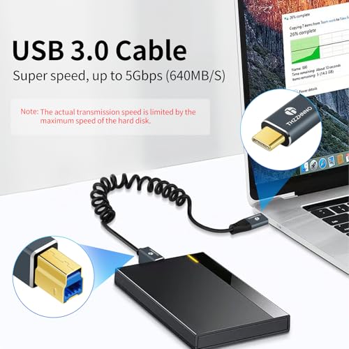Coiled USB B to USB C Cable, 5Gbps USB C to USB B Printer Scanner Retractable Cable for MacBook, PC, Laptop, MIDI Keyboard, DJ Controller(Extend up from 0.75FT to 3.3FT)