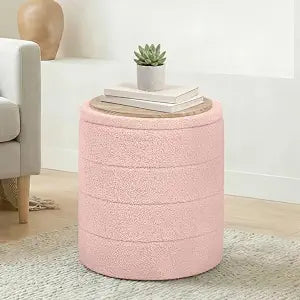 14.5" Round Storage Ottoman, Boucle Sherpa Ottoman with Tray