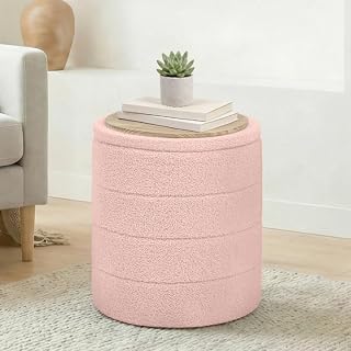 14.5" Round Storage Ottoman, Boucle Sherpa Ottoman with Tray - Image 1