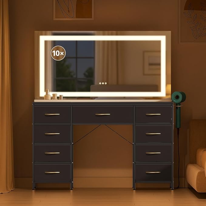 COMHOMA Vanity Desk with Large Mirror,LED and Power Outlet,Makeup Table with 9 Storage Drawersand HD Mirrors,3 Color Modes Adjustable Lighting for Bedroom Dressing Room (Black, 47inch)