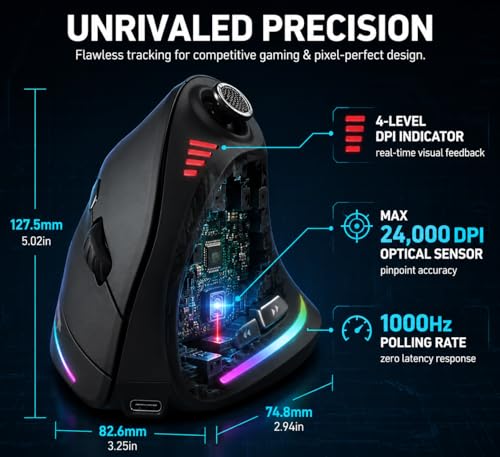 TKMARS Wireless Ergonomic Vertical Gaming Mouse with Joystick, Bluetooth & 2.4G, 12 Programmable Buttons, Adjustable 24000 DPI, Rechargeable RGB Computer Mouse for PC, MacBook & Laptops - Image 5