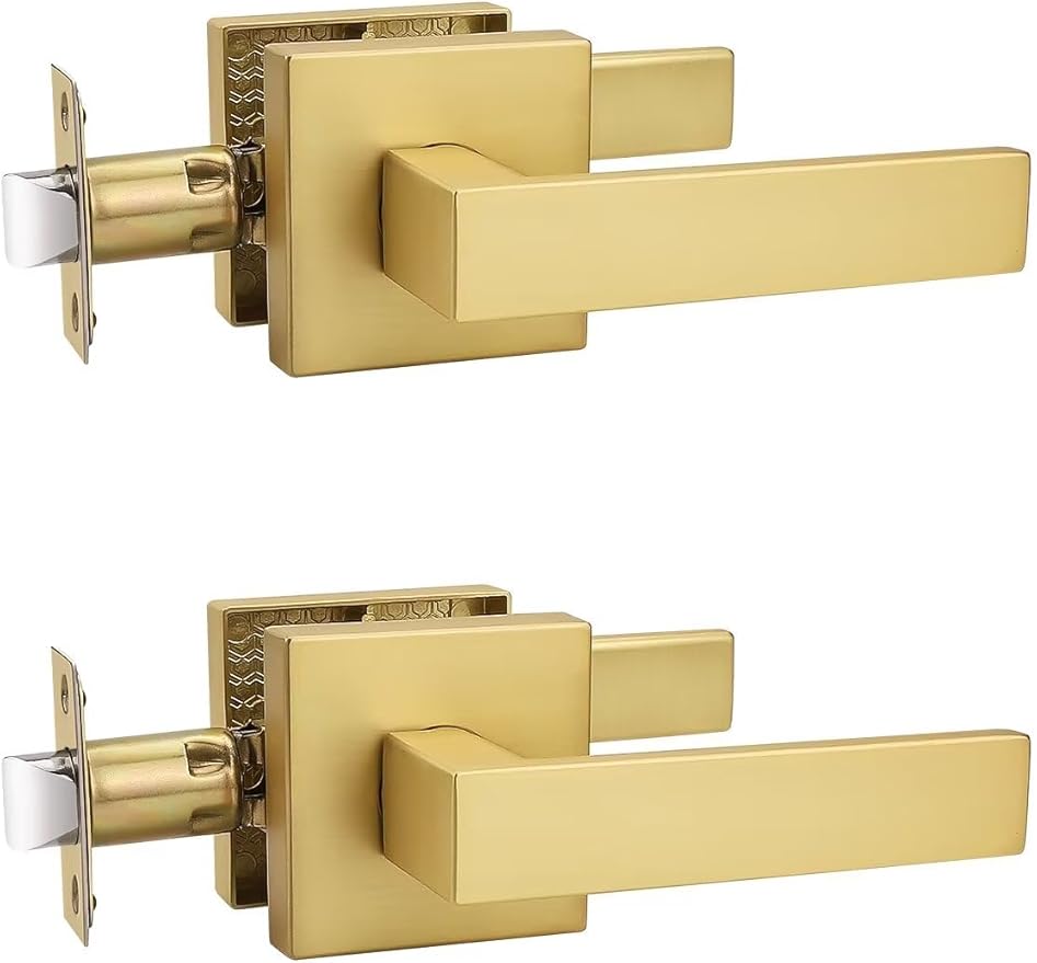 2 Pack Gold Keyless Square Levers Handles, Satin Brass Finish, Interior Passage Door Locksets for Hall Closet Door Knobs Lock Reversible Right & Left Handed