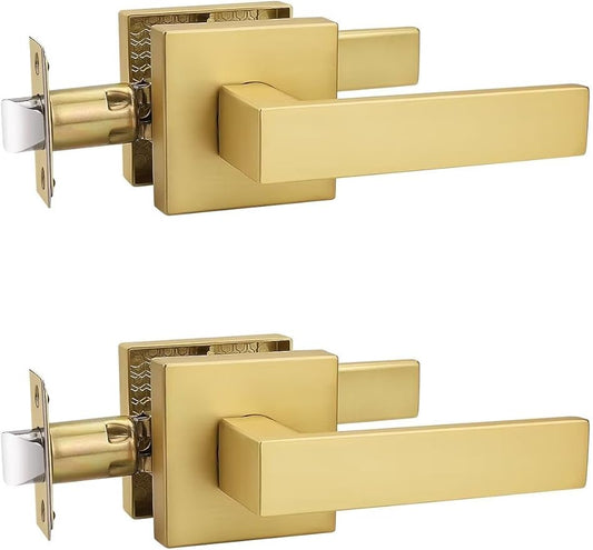 2 Pack Gold Keyless Square Levers Handles, Satin Brass Finish, Interior Passage Door Locksets for Hall Closet Door Knobs Lock Reversible Right & Left Handed