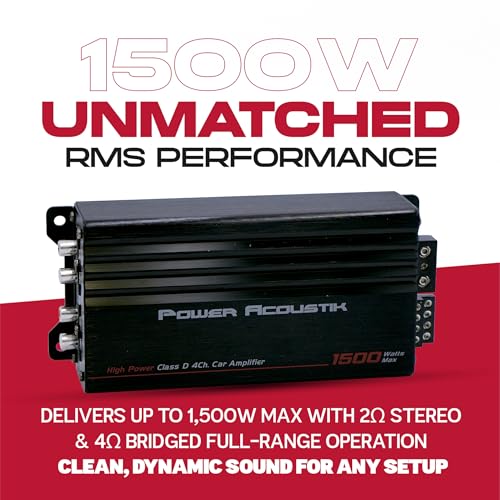 Power Acoustik 4 Channel Car Amplifier – 1500W Max Compact Class D Amp | Small 4-Channel Amp for Tight Installs | Powerful 4 Channel Audio Amp for Full-Range Systems