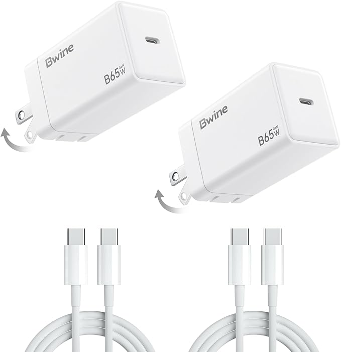 Bwine 65W GaN USB C Charger Fast, Compact & Powerful Charging Block for or MacBook, iPad, iPhone, Samsung, Drone(2X Adapter 2X Cable)