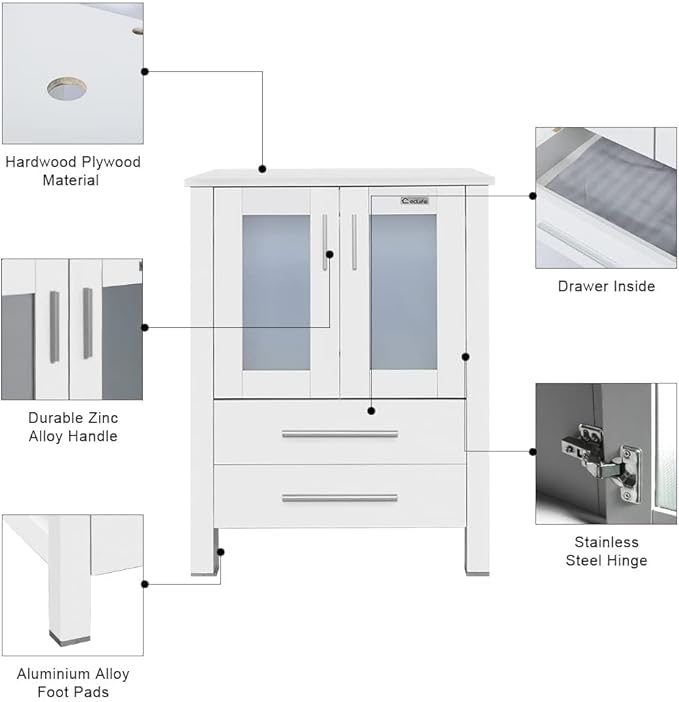 eclife 36" Modern Bathroom Vanity Sink Combo Freestanding Cabinet with Small Side Cabinet, White Boat Ceramic Vessel Sink, Water Save Faucet, Drain (White+T44)