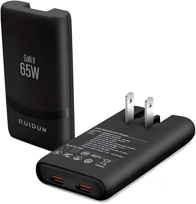 65W GaN USB C Charger,Dual-Port Fast Wall Charger,PD 3.0 & QC 4.0,Foldable Plug for MacBook Pro/Air, iPhone 15, iPad Pro, Galaxy S24, Steam Deck & More (Black-2C)