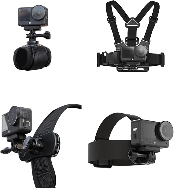 4 in 1 Accessories Set for DJI Action 6/5Pro/4/3/2,Chest Mount Harness/Head Strap Mount/ 360°Rotating Wrist Strap/360° Rotation Quick Clip Bracket for GoPro Hero 13/12/11 (Set 1)
