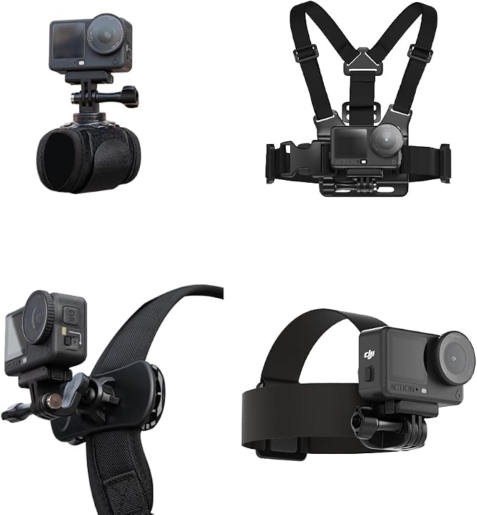 4 in 1 Accessories Set for DJI Action 6/5Pro/4/3/2,Chest Mount Harness/Head Strap Mount/ 360°Rotating Wrist Strap/360° Rotation Quick Clip Bracket for GoPro Hero 13/12/11 (Set 1)