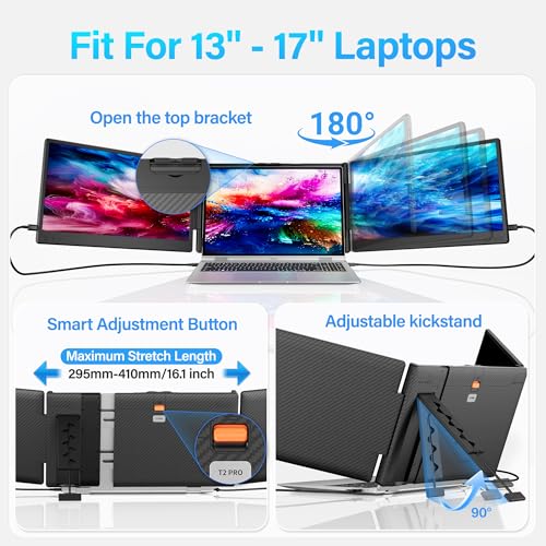 Laptop Screen Extender, 14.2" FHD 1080P Triple Portable Monitor for Laptop with Smart Adjustment Button, USB-C/HDMI Plug and Play Monitor Extender for Wins/Mac/Android/Switch, Fit 13-17" Laptops