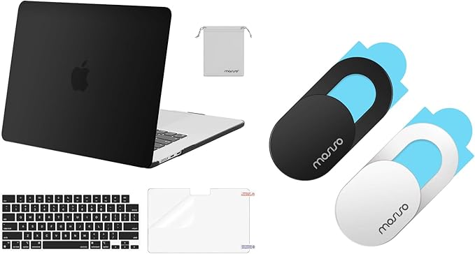 MOSISO Webcam Cover Slide 2 Pack& Compatible with MacBook Air 15 inch Case 2024 2023 Release M3 A3114 M2 A2941, Plastic Hard Shell&Keyboard Cover&Screen Protector&Storage Bag, Black