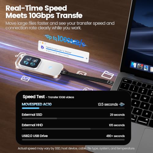 MOVE SPEED AC10 Smart Touchscreen SSD Enclosure(Only Case), 10Gbps M.2 NVMe to USB C Adapter with Real-Time Speed, Temperature, Touch Lock, 100W PD, Supports 2230/2242/2260/2280 SSD