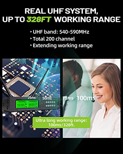 Kimyah Wireless Lavalier and Headset Microphone System,Dual UHF Cordless Bodypack Mics, 2 Lavalier and 2 Headset Microphones, 328ft Range,Ideal for Church and Teaching, Lecture(KY-6208)