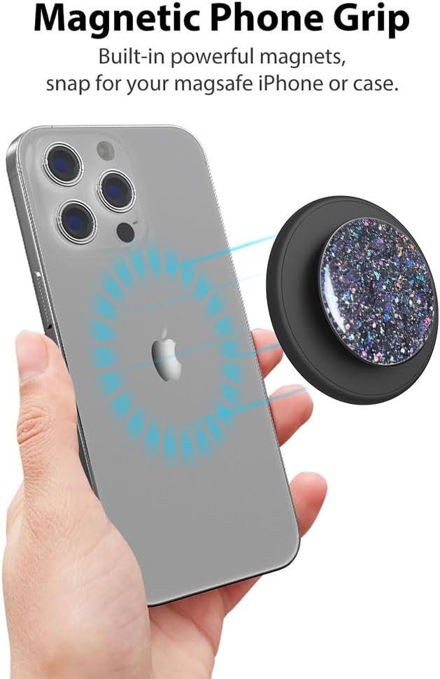Magnetic Phone Grip Compatible with MagSafe, Magnetic Phone Ring Holder Finger Kickstand Wireless Charging Compatible, Adjustable Phone Rings Gripper Stand for MagSafe iPhone - Black Sparkle