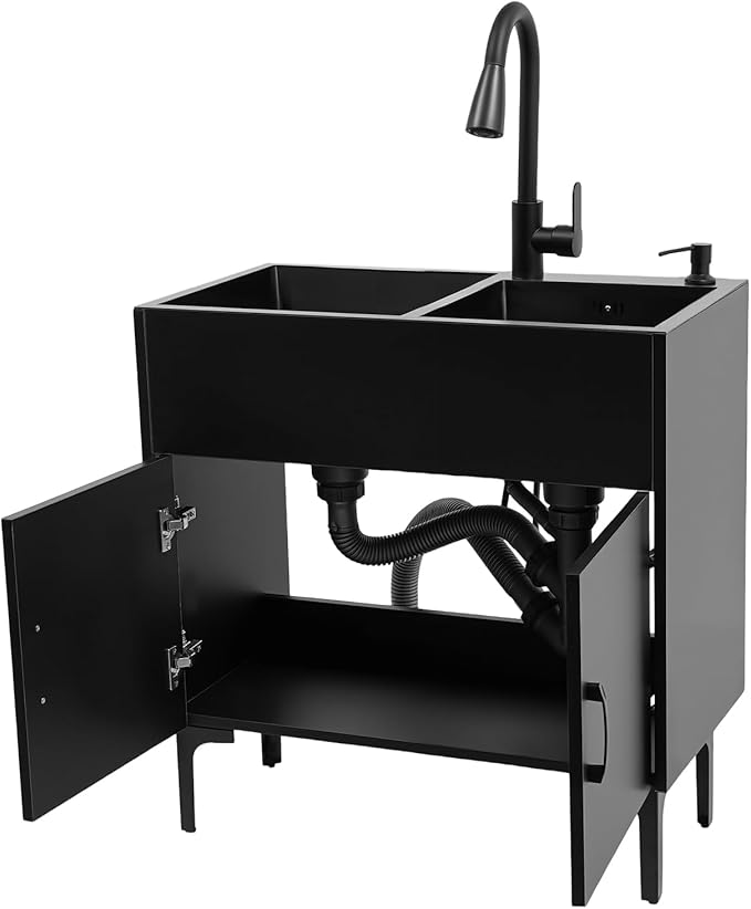30-Inch Laundry Sink with Cabinet and Pull-Out Sprayer Faucet, Freestanding Kitchen Sink Cabinet with Stainless Steel Sink & Draining Basket, Wash Station Tub for Laundry & Bathroom, Kitchen