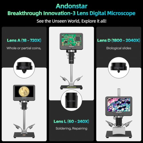 Andonstar AD246S-M 3 Lens 2160P HDMI Digital Microscope 2000x for Adults