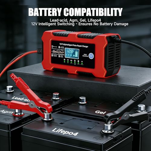 12V 10A Car Battery Charger, Smart Trickle Charger, Automotive Battery Charger with Temperature Compensation/Desulfator Maintainer for Car、Motorcycles、Lawnmowers、Trucks