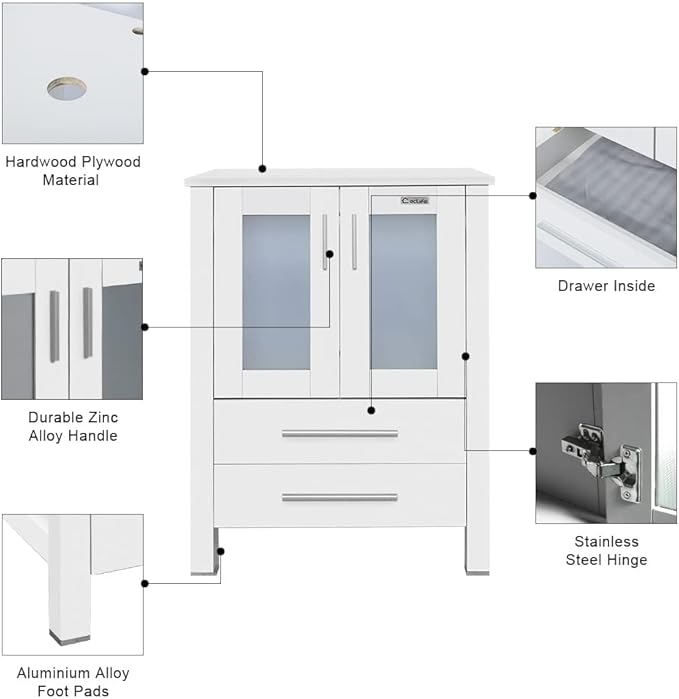 eclife 36" Modern Bathroom Vanity Sink Combo Freestanding Cabinet with Small Side Cabinet, Without Vessel Sink, Faucet, Drain (White Vanity Only)
