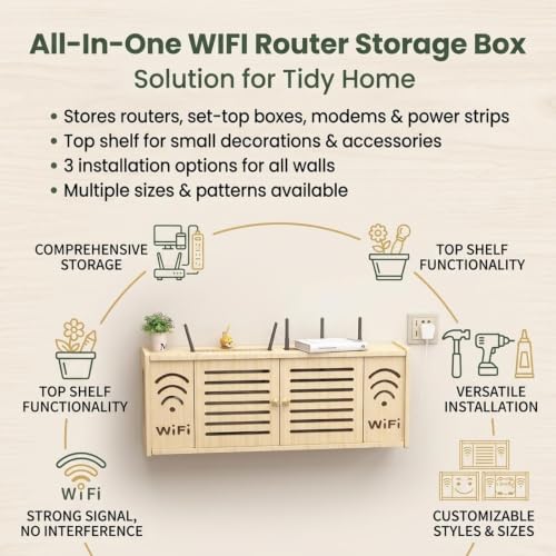 Wall Mounted Router Storage Box,Wood Wireless WiFi Router Shelf