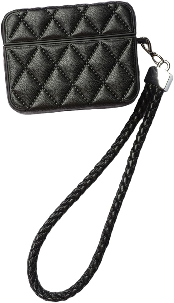 Earphone Case for AirPods Pro, Elegant Classical Diamond PU Leather Surface Earphone Case Soft Silicone Case, AirPods Pro Cover Protective Case Skin Protector for Earbuds +Lanyard-Black