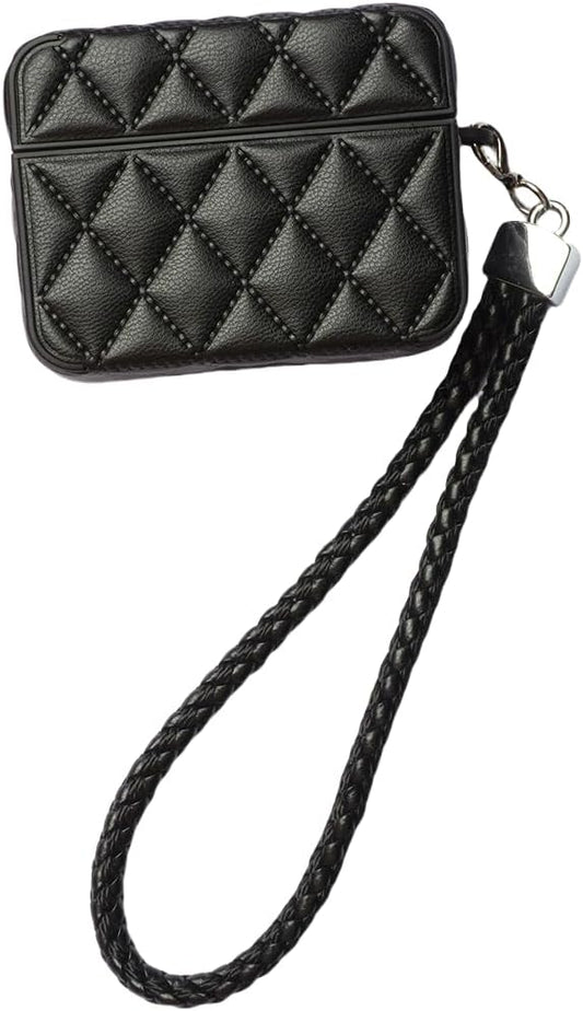 Earphone Case for AirPods Pro 3, Elegant Luxury Classical Diamond PU Leather Surface Earphone Case Soft Silicone Bag, AirPods Pro 3 Cover Protective Skin Protector for Earbuds +Lanyard-Black