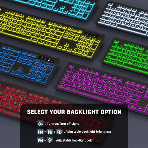 Large Print Wireless Keyboard and Mouse - 7 Colors Backlit Keyboard, Oversize Letters Keys Easy to See and Type, Rechargeable Keyboard and Mouse with Light Up Key, Compatible for PC, Windows, Gaming