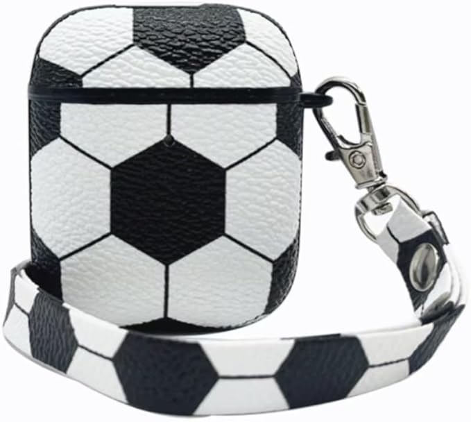 for AirPods Case, AirPods PU Leather Hard Case, Portable Protective Shockproof Earphone Accessories Cover w/Carabiner/Keychain Compatible for Apple AirPods 1/ Airpods 2 Charging Case,Soccer