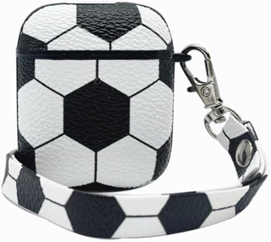 for AirPods Case, AirPods PU Leather Hard Case, Portable Protective Shockproof Earphone Accessories Cover w/Carabiner/Keychain Compatible for Apple AirPods 1/ Airpods 2 Charging Case,Soccer