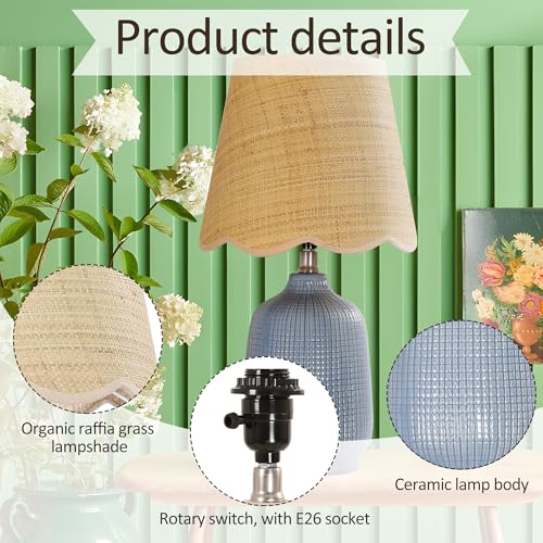 Pia Ricco 19" Modern Ceramic Table Lamp for Living Room Gray Blue Base Desk Lamps for Bedroom Farmhouse Bedside Nightstand Lamp End Table Lamps,Bule,Rattan Shade