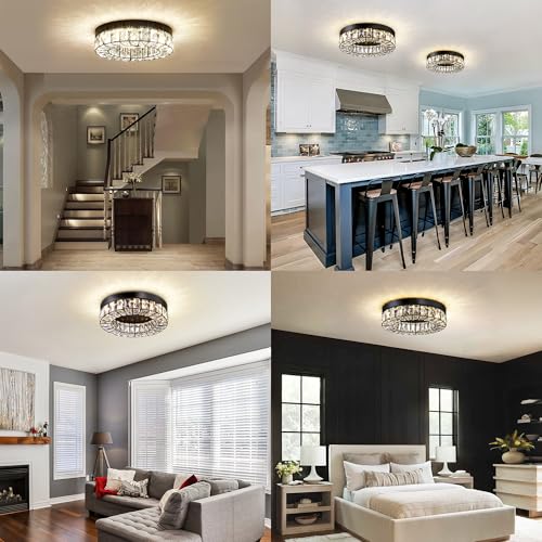 MEXO Crystal LED Flush Mount Ceiling Light Fixtures Modern Black LED Chandelier Lighting for Kitchen Closet Hallway Bedroom Foyer Laundry Room