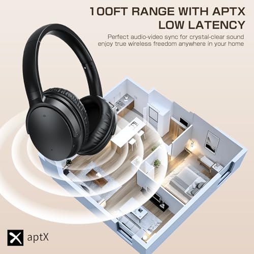 Wireless TV Headphones for Seniors, AptX Low Latency, One Button Design Over-Ear TV Headset with USB Transmitter (Optical/RCA/AUX/USB), Louder & Clearer for Hard of Hearing, 20H Playtime, Plug & Play