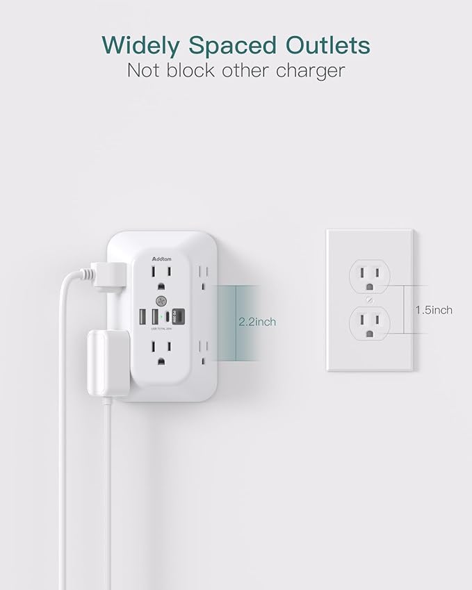 Addtam Surge Protector Outlet Extender, 6-Outlet Splitter with 4 USB Wall Charger(PD 20W), Multi Plug Wall Outlet 1800J Power Strip for Home Office Dorm Room Essentials, White