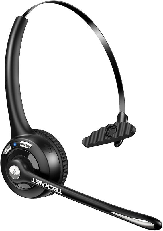 TECKNET Wireless Bluetooth Headset with Noise Cancelling Microphone, Single Ear On-Ear Headphones with Mute Button, Trucker Bluetooth Headset for Driving, Work, Office & Zoom Calls