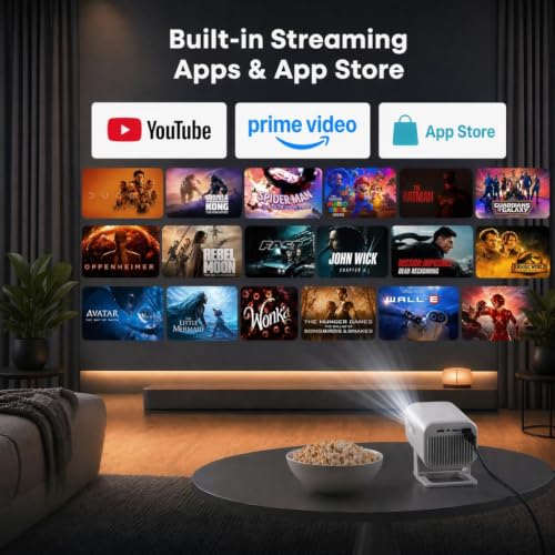 【Built in Streaming Apps & Native 1080P 】Mini Projector with Wifi and Bluetooth, Auto Focus & Keystone, 180° Rotation, Supports Phone/HDMI/USB, Portable 4K Support Projector for Bedroom Outdoor White